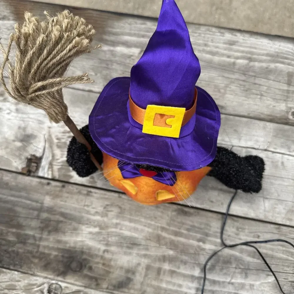 Vtg Fiber Optic Wizard Witch Black Cat Hat Jack ‘O Lantern Lighted 12” Halloween
